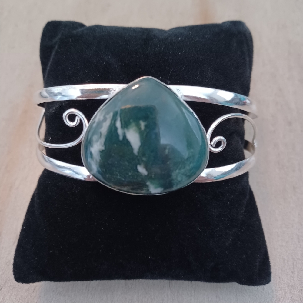 Green Moss Agate Adjustable Cuff Bangle Bracelet